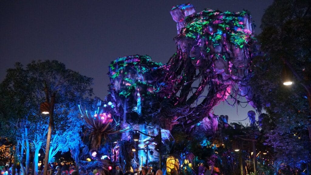 Pandora - the World of Avatar at Disney World at nighttime, showcasing bioluminescence.