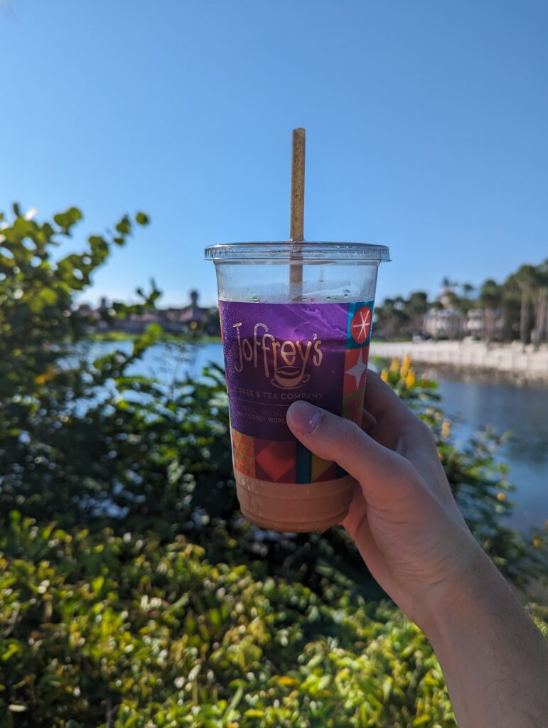 A person holding up a cup of coffee with a straw.