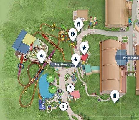 Toy Story Land at Hollywood Studios in Disney World theme park map.