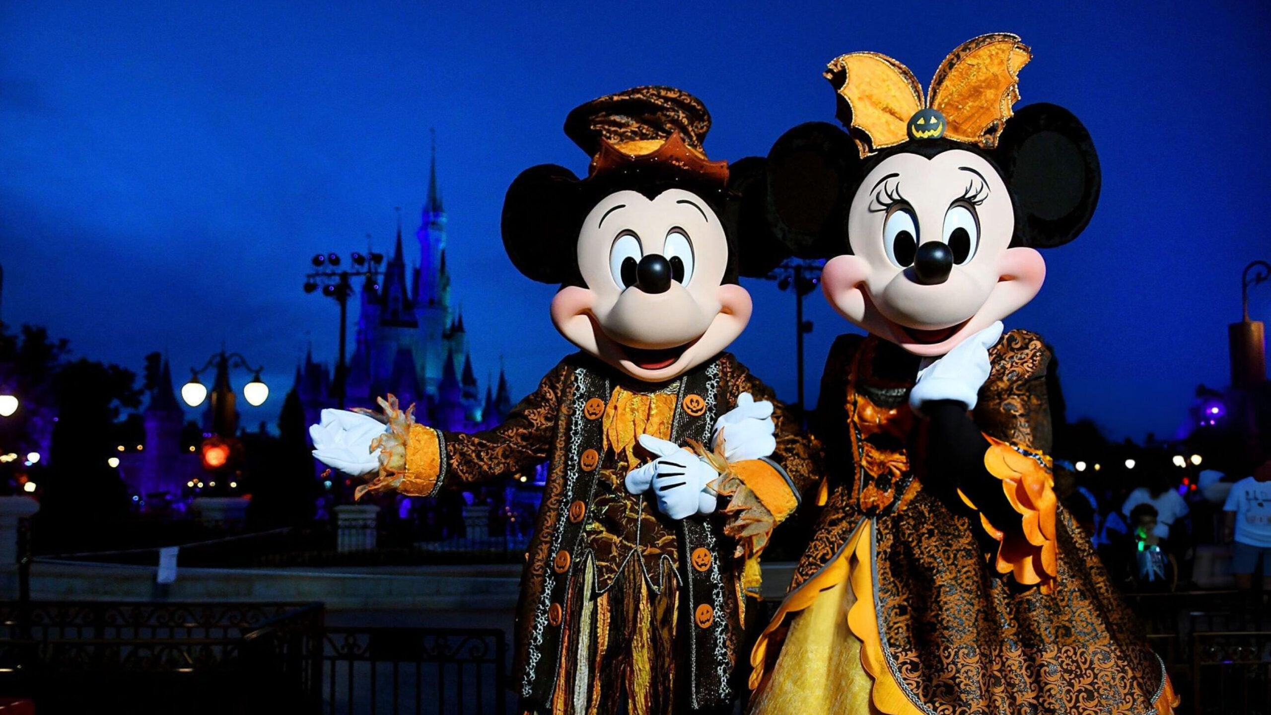 Mickey mouse and minnie mouse at night.