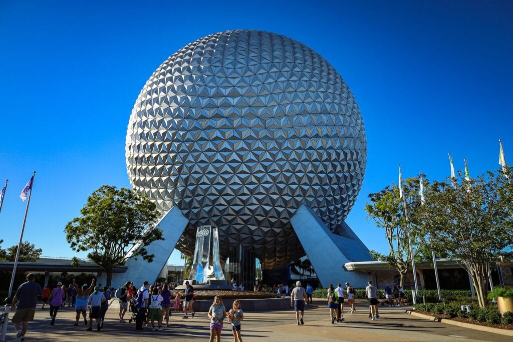 Photo of Spaceship Earth at Epcot, where drinking around the world takes place